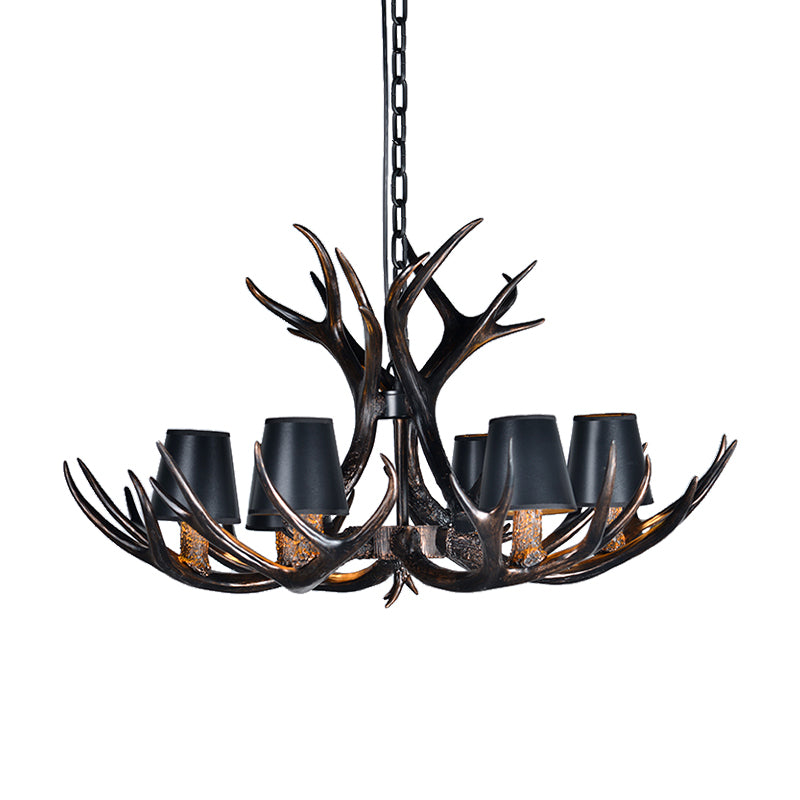 Black 3/6/8 Lights Chandelier Lighting Rustic Resin Conical Pendant Lamp with Faux Antler for Bedroom Clearhalo 'Ceiling Lights' 'Chandeliers' Lighting' options 233742