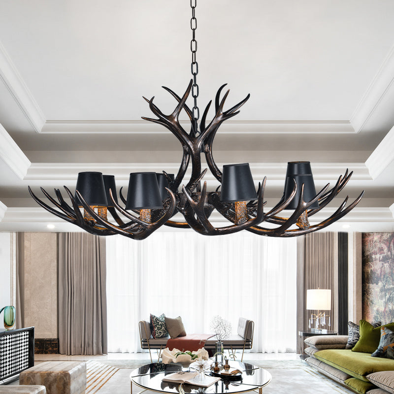 Black 3/6/8 Lights Chandelier Lighting Rustic Resin Conical Pendant Lamp with Faux Antler for Bedroom Clearhalo 'Ceiling Lights' 'Chandeliers' Lighting' options 233744