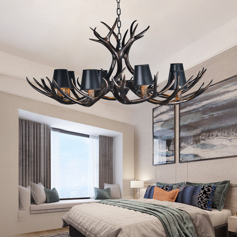 Black 3/6/8 Lights Chandelier Lighting Rustic Resin Conical Pendant Lamp with Faux Antler for Bedroom Clearhalo 'Ceiling Lights' 'Chandeliers' Lighting' options 233745