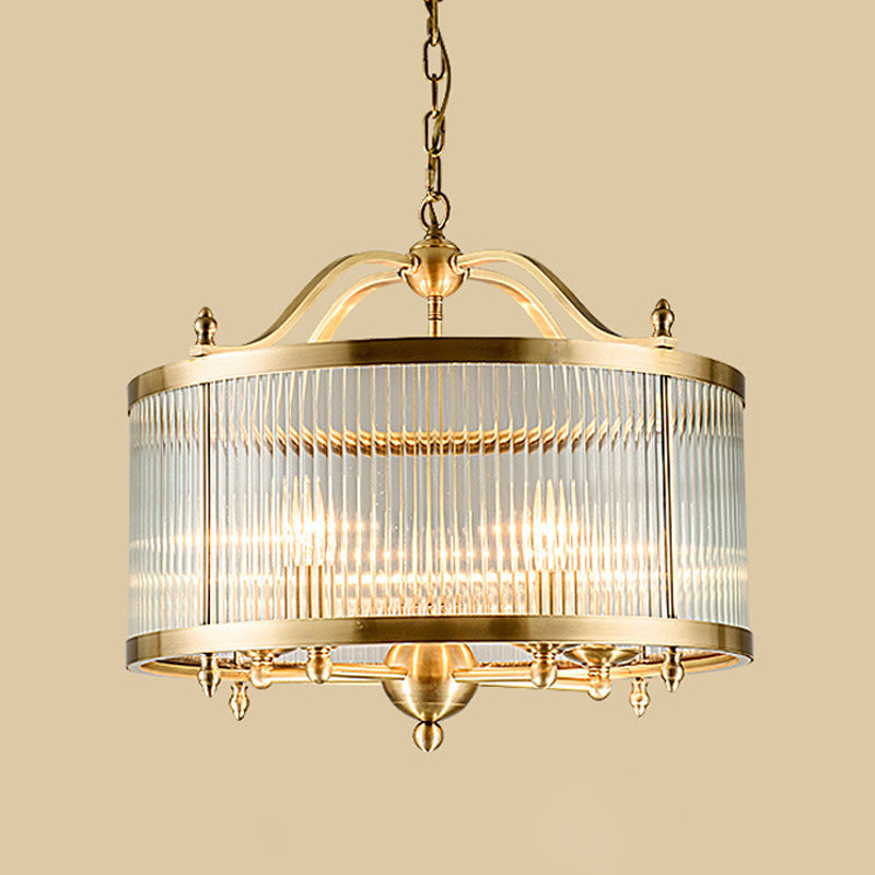 Drum Chandelier Lighting Contemporary Fluted Glass Brass 3/5 Bulbs Hanging Ceiling Light, 16"/19.5"/23.5" Wide Clearhalo 'Ceiling Lights' 'Chandeliers' 'Glass shade' 'Glass' Lighting' 233755