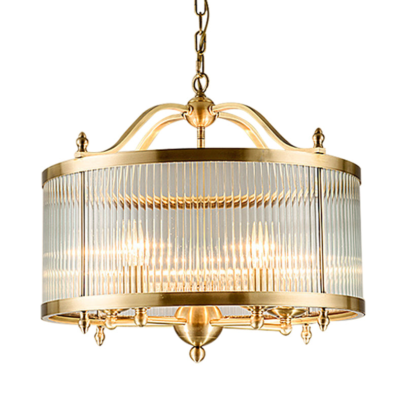 Drum Chandelier Lighting Contemporary Fluted Glass Brass 3/5 Bulbs Hanging Ceiling Light, 16"/19.5"/23.5" Wide Clearhalo 'Ceiling Lights' 'Chandeliers' 'Glass shade' 'Glass' Lighting' 233756