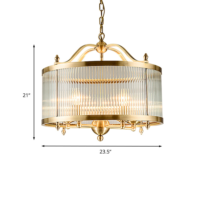 Drum Chandelier Lighting Contemporary Fluted Glass Brass 3/5 Bulbs Hanging Ceiling Light, 16"/19.5"/23.5" Wide Clearhalo 'Ceiling Lights' 'Chandeliers' 'Glass shade' 'Glass' Lighting' 233757