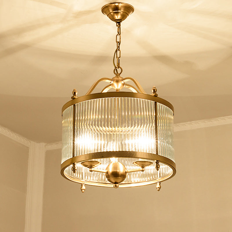 Drum Chandelier Lighting Contemporary Fluted Glass Brass 3/5 Bulbs Hanging Ceiling Light, 16"/19.5"/23.5" Wide Brass 16" Clearhalo 'Ceiling Lights' 'Chandeliers' 'Glass shade' 'Glass' Lighting' 233758