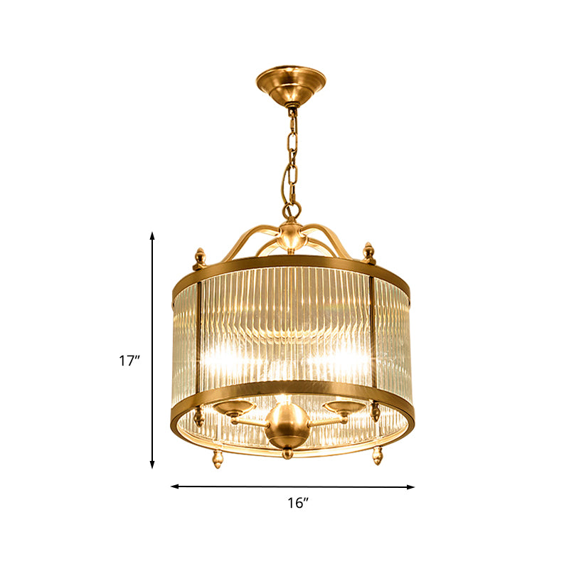 Drum Chandelier Lighting Contemporary Fluted Glass Brass 3/5 Bulbs Hanging Ceiling Light, 16"/19.5"/23.5" Wide Clearhalo 'Ceiling Lights' 'Chandeliers' 'Glass shade' 'Glass' Lighting' 233760