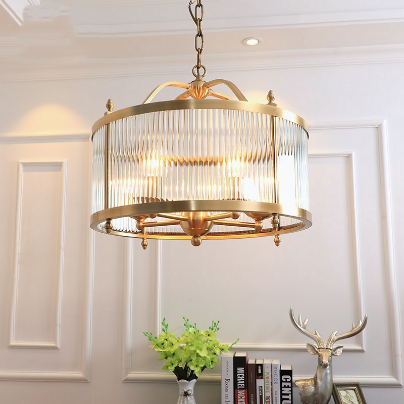 Drum Chandelier Lighting Contemporary Fluted Glass Brass 3/5 Bulbs Hanging Ceiling Light, 16"/19.5"/23.5" Wide Clearhalo 'Ceiling Lights' 'Chandeliers' 'Glass shade' 'Glass' Lighting' 233762