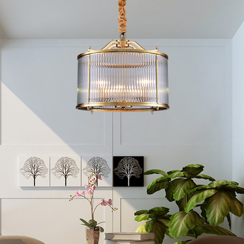 Drum Chandelier Lighting Contemporary Fluted Glass Brass 3/5 Bulbs Hanging Ceiling Light, 16"/19.5"/23.5" Wide Clearhalo 'Ceiling Lights' 'Chandeliers' 'Glass shade' 'Glass' Lighting' 233763