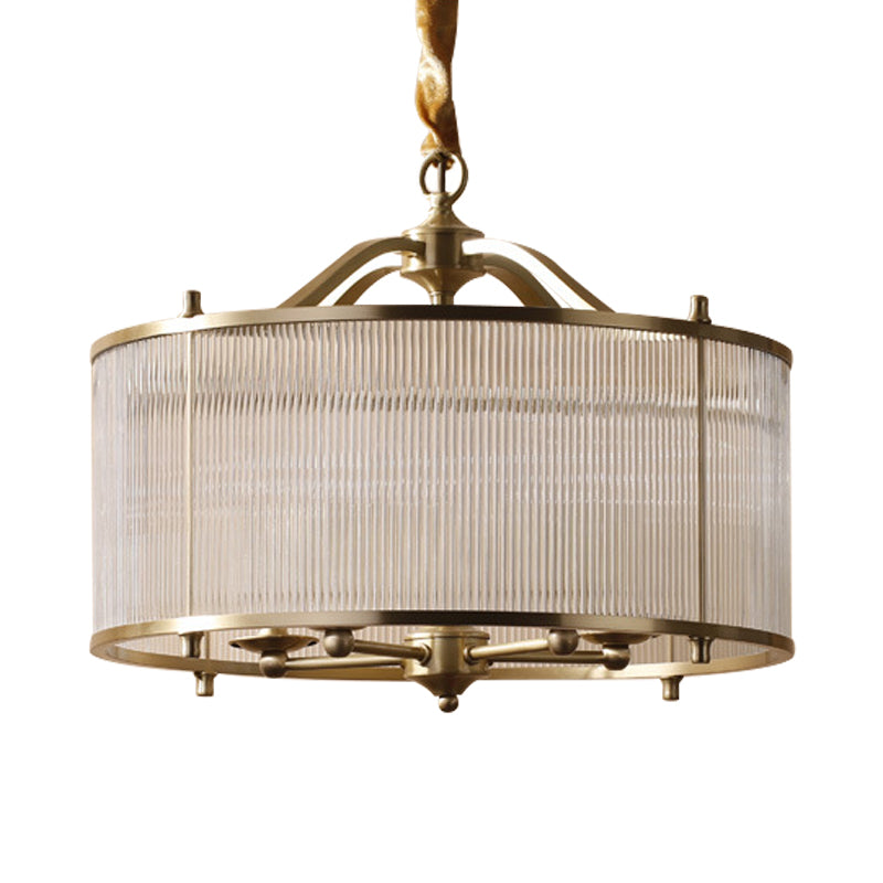 Drum Chandelier Lighting Contemporary Fluted Glass Brass 3/5 Bulbs Hanging Ceiling Light, 16"/19.5"/23.5" Wide Clearhalo 'Ceiling Lights' 'Chandeliers' 'Glass shade' 'Glass' Lighting' 233764