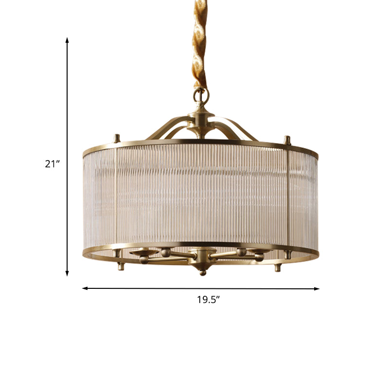 Drum Chandelier Lighting Contemporary Fluted Glass Brass 3/5 Bulbs Hanging Ceiling Light, 16"/19.5"/23.5" Wide Clearhalo 'Ceiling Lights' 'Chandeliers' 'Glass shade' 'Glass' Lighting' 233765