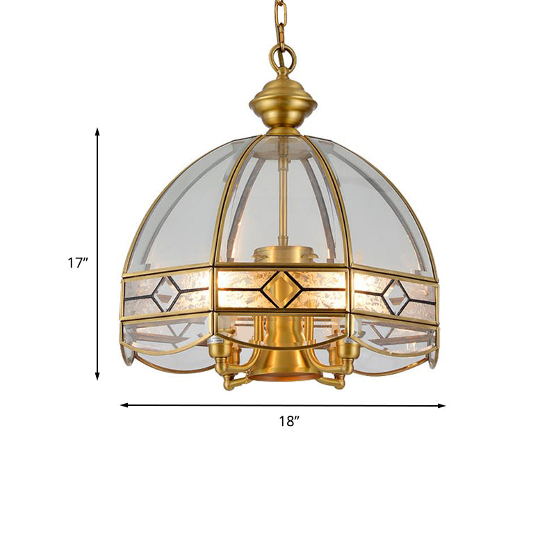 Dome Clear Glass Hanging Chandelier Retro 4 Heads Brass Ceiling Pendant Light for Dining Room Clearhalo 'Ceiling Lights' 'Chandeliers' 'Glass shade' 'Glass' Lighting' 233776