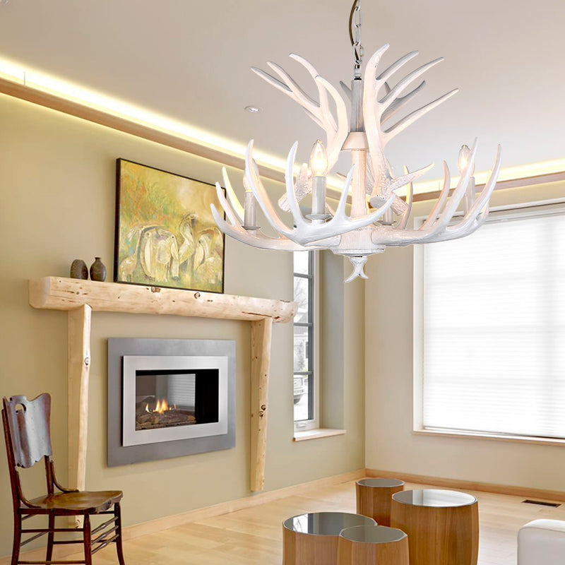 Resin Candle Chandelier Lamp Rustic 4/6/9-Head Bedroom Pendant Ceiling Light with Antler Decor in White Clearhalo 'Ceiling Lights' 'Chandeliers' Lighting' options 233777