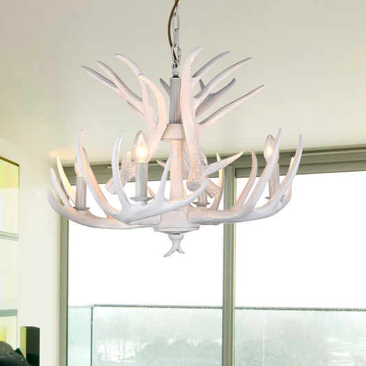 Resin Candle Chandelier Lamp Rustic 4/6/9-Head Bedroom Pendant Ceiling Light with Antler Decor in White Clearhalo 'Ceiling Lights' 'Chandeliers' Lighting' options 233778