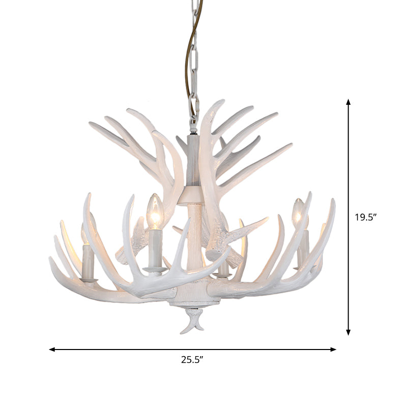 Resin Candle Chandelier Lamp Rustic 4/6/9-Head Bedroom Pendant Ceiling Light with Antler Decor in White Clearhalo 'Ceiling Lights' 'Chandeliers' Lighting' options 233780