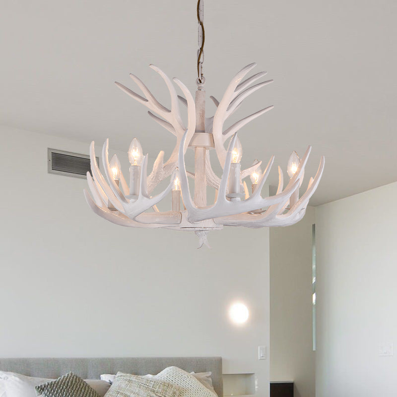 Resin Candle Chandelier Lamp Rustic 4/6/9-Head Bedroom Pendant Ceiling Light with Antler Decor in White Clearhalo 'Ceiling Lights' 'Chandeliers' Lighting' options 233781