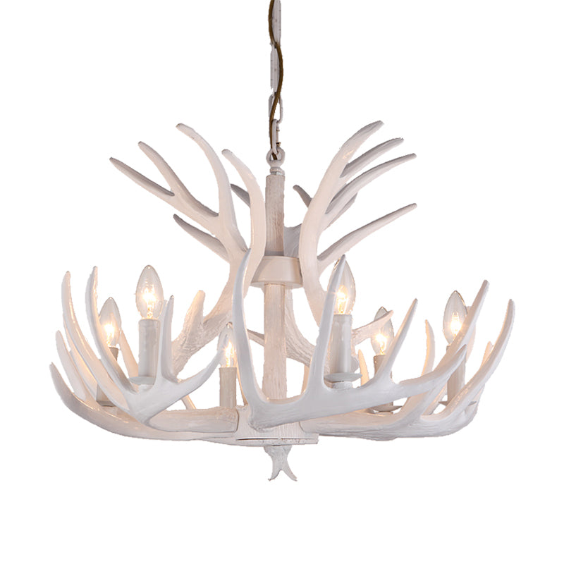 Resin Candle Chandelier Lamp Rustic 4/6/9-Head Bedroom Pendant Ceiling Light with Antler Decor in White Clearhalo 'Ceiling Lights' 'Chandeliers' Lighting' options 233783