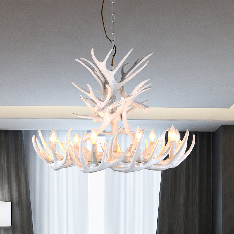 Resin Candle Chandelier Lamp Rustic 4/6/9-Head Bedroom Pendant Ceiling Light with Antler Decor in White Clearhalo 'Ceiling Lights' 'Chandeliers' Lighting' options 233785