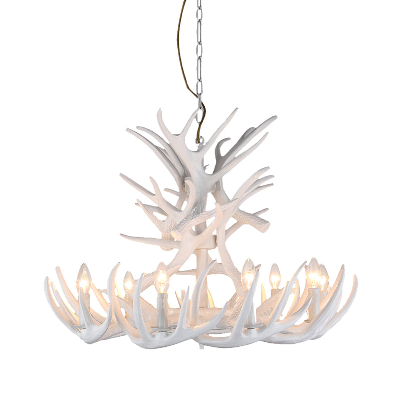 Resin Candle Chandelier Lamp Rustic 4/6/9-Head Bedroom Pendant Ceiling Light with Antler Decor in White Clearhalo 'Ceiling Lights' 'Chandeliers' Lighting' options 233787