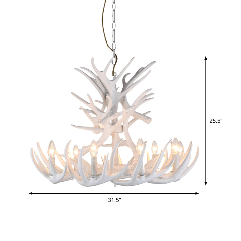 Resin Candle Chandelier Lamp Rustic 4/6/9-Head Bedroom Pendant Ceiling Light with Antler Decor in White Clearhalo 'Ceiling Lights' 'Chandeliers' Lighting' options 233788