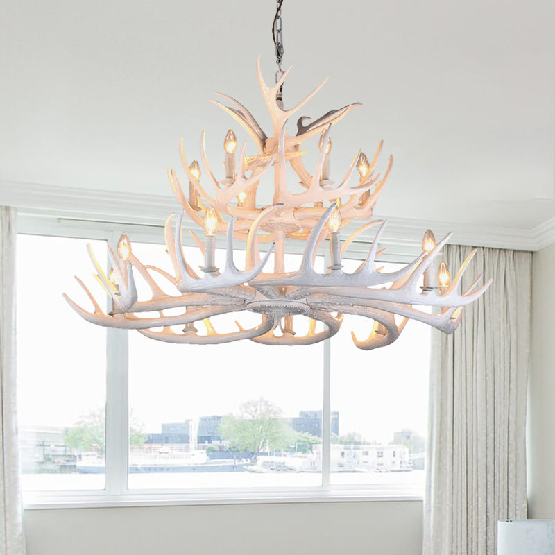 Resin Candle Chandelier Lamp Rustic 4/6/9-Head Bedroom Pendant Ceiling Light with Antler Decor in White Clearhalo 'Ceiling Lights' 'Chandeliers' Lighting' options 233789