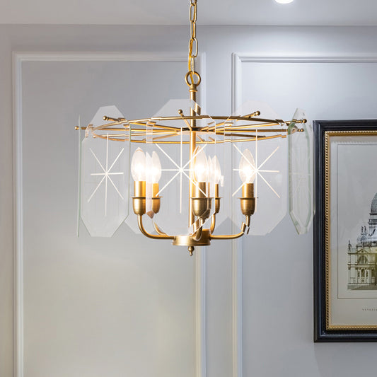 Modernism Cylinder Ceiling Chandelier Clear Glass 5 Heads Hanging Light Fixture in Brass for Restaurant Brass Clearhalo 'Ceiling Lights' 'Chandeliers' 'Glass shade' 'Glass' Lighting' 233798