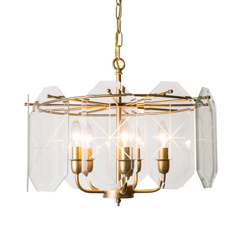 Modernism Cylinder Ceiling Chandelier Clear Glass 5 Heads Hanging Light Fixture in Brass for Restaurant Clearhalo 'Ceiling Lights' 'Chandeliers' 'Glass shade' 'Glass' Lighting' 233800