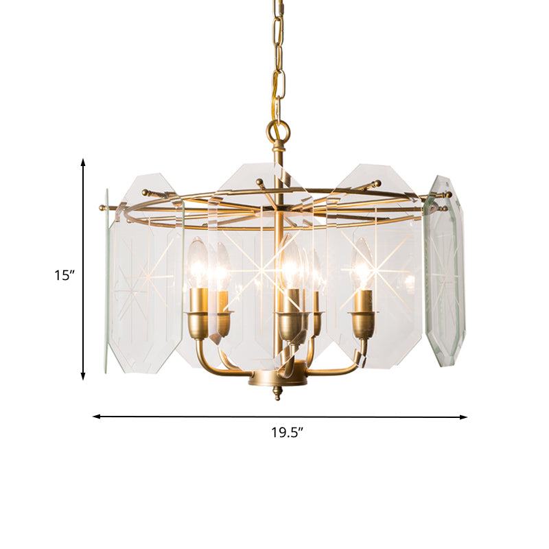 Modernism Cylinder Ceiling Chandelier Clear Glass 5 Heads Hanging Light Fixture in Brass for Restaurant Clearhalo 'Ceiling Lights' 'Chandeliers' 'Glass shade' 'Glass' Lighting' 233801