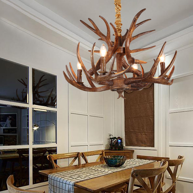 Traditional Candle Shape Hanging Lamp 4/6/9 Bulbs Resin Chandelier Light Fixture with Antler in Coffee 4 Coffee Clearhalo 'Ceiling Lights' 'Chandeliers' Lighting' options 233804_c84f5147-5b58-4e81-9dde-9c7a7e9a27c2