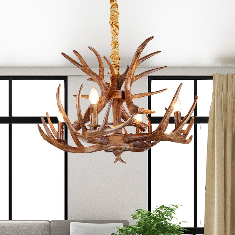 Traditional Candle Shape Hanging Lamp 4/6/9 Bulbs Resin Chandelier Light Fixture with Antler in Coffee Clearhalo 'Ceiling Lights' 'Chandeliers' Lighting' options 233805