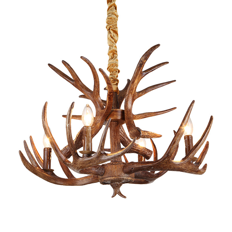 Traditional Candle Shape Hanging Lamp 4/6/9 Bulbs Resin Chandelier Light Fixture with Antler in Coffee Clearhalo 'Ceiling Lights' 'Chandeliers' Lighting' options 233806