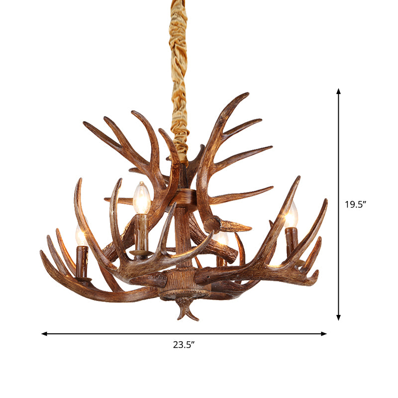 Traditional Candle Shape Hanging Lamp 4/6/9 Bulbs Resin Chandelier Light Fixture with Antler in Coffee Clearhalo 'Ceiling Lights' 'Chandeliers' Lighting' options 233807