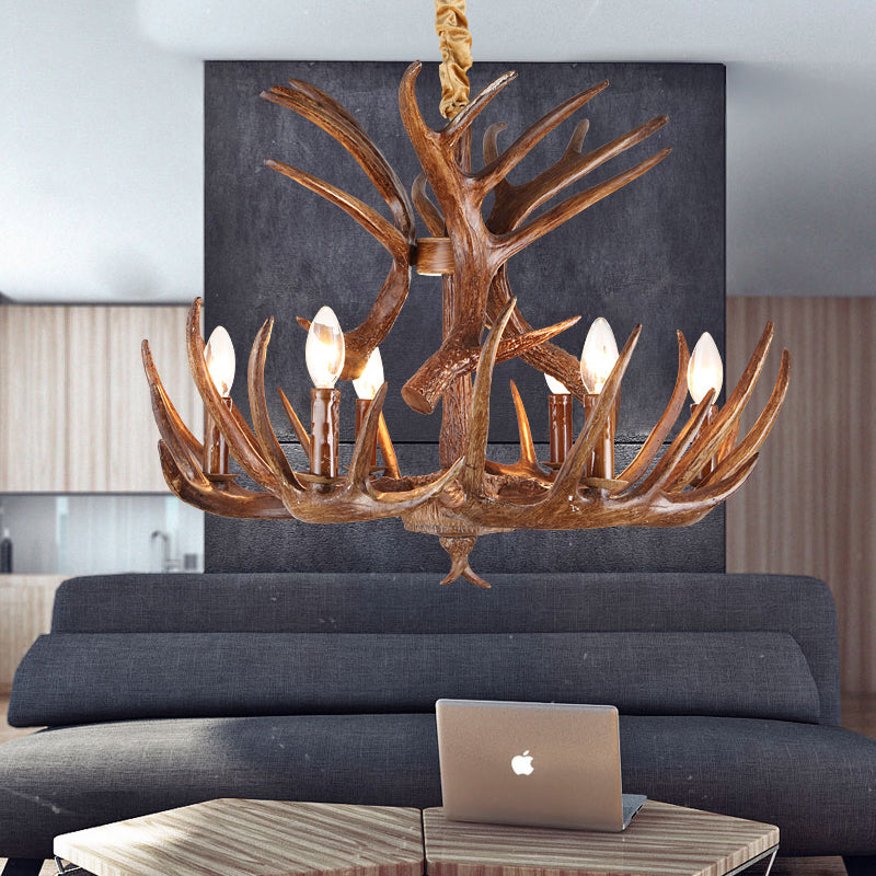 Traditional Candle Shape Hanging Lamp 4/6/9 Bulbs Resin Chandelier Light Fixture with Antler in Coffee 6 Coffee Clearhalo 'Ceiling Lights' 'Chandeliers' Lighting' options 233808_1a381963-8c97-4da5-af6d-9ae3d27b3620