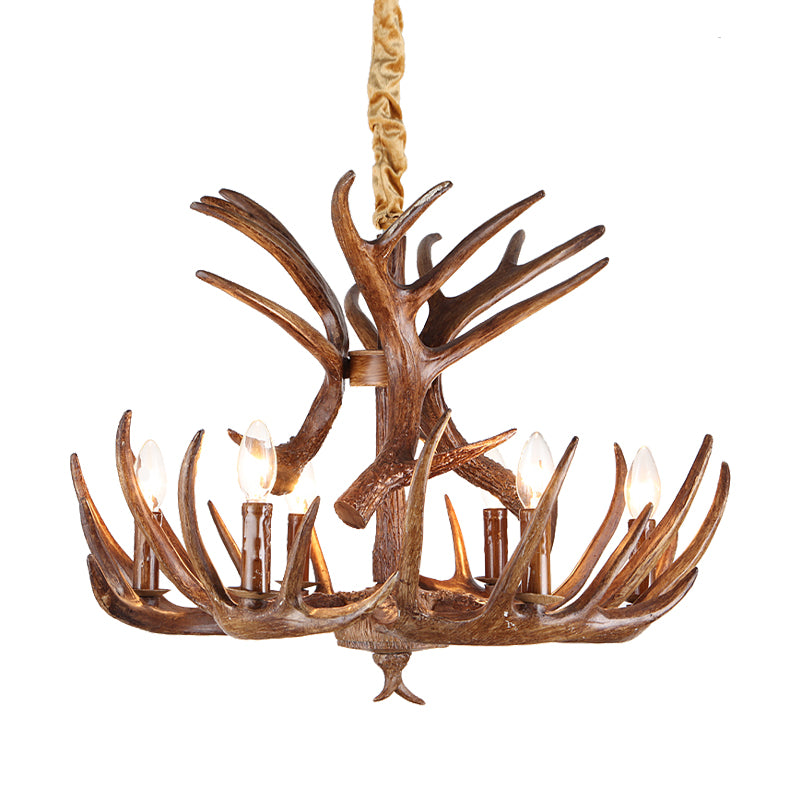 Traditional Candle Shape Hanging Lamp 4/6/9 Bulbs Resin Chandelier Light Fixture with Antler in Coffee Clearhalo 'Ceiling Lights' 'Chandeliers' Lighting' options 233810