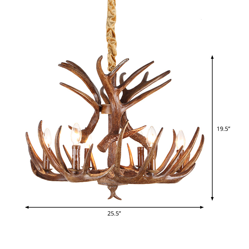 Traditional Candle Shape Hanging Lamp 4/6/9 Bulbs Resin Chandelier Light Fixture with Antler in Coffee Clearhalo 'Ceiling Lights' 'Chandeliers' Lighting' options 233811