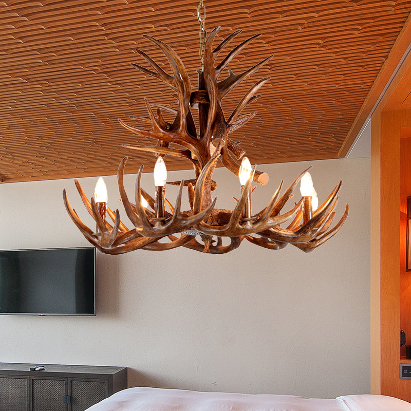 Traditional Candle Shape Hanging Lamp 4/6/9 Bulbs Resin Chandelier Light Fixture with Antler in Coffee 9 Coffee Clearhalo 'Ceiling Lights' 'Chandeliers' Lighting' options 233812_83615de0-74ed-4ad3-b0fc-cb691dfe83e9