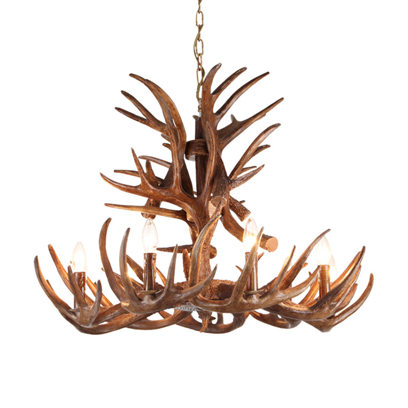 Traditional Candle Shape Hanging Lamp 4/6/9 Bulbs Resin Chandelier Light Fixture with Antler in Coffee Clearhalo 'Ceiling Lights' 'Chandeliers' Lighting' options 233814