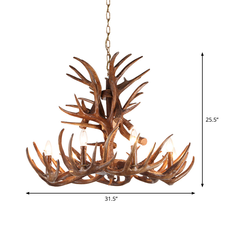 Traditional Candle Shape Hanging Lamp 4/6/9 Bulbs Resin Chandelier Light Fixture with Antler in Coffee Clearhalo 'Ceiling Lights' 'Chandeliers' Lighting' options 233815