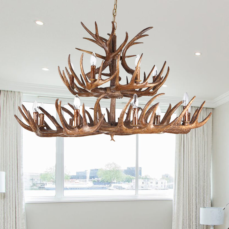 Traditional Candle Shape Hanging Lamp 4/6/9 Bulbs Resin Chandelier Light Fixture with Antler in Coffee Clearhalo 'Ceiling Lights' 'Chandeliers' Lighting' options 233816