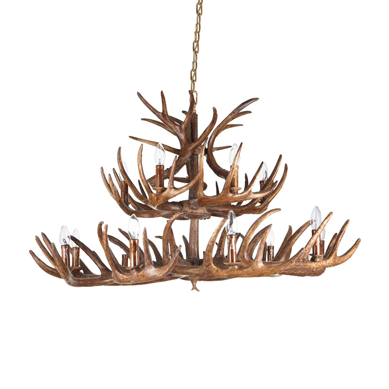 Traditional Candle Shape Hanging Lamp 4/6/9 Bulbs Resin Chandelier Light Fixture with Antler in Coffee Clearhalo 'Ceiling Lights' 'Chandeliers' Lighting' options 233818