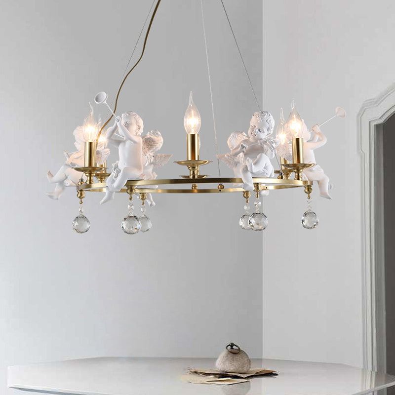 Traditional Candle Hanging Chandelier Metal 3/6/8 Bulbs Suspension Light in Brass with Angel 6 Brass Clearhalo 'Ceiling Lights' 'Chandeliers' Lighting' options 233824_7f4dfa5d-181b-4f95-9de1-9a3497bebede