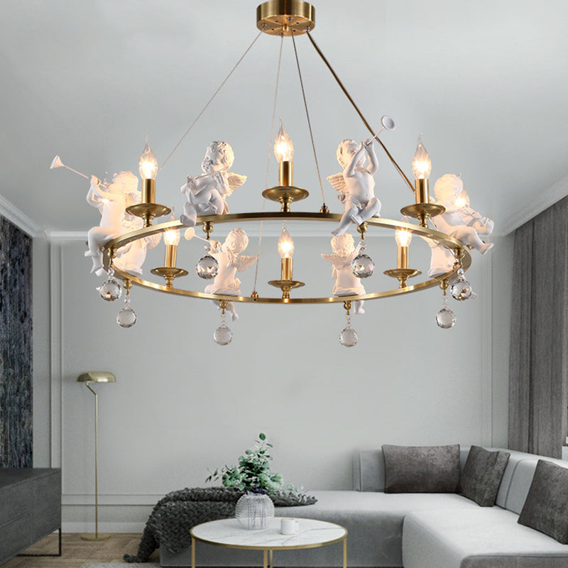 Traditional Candle Hanging Chandelier Metal 3/6/8 Bulbs Suspension Light in Brass with Angel 8 Brass Clearhalo 'Ceiling Lights' 'Chandeliers' Lighting' options 233828_a9812a4b-77fc-4175-898b-f06bb958abf4