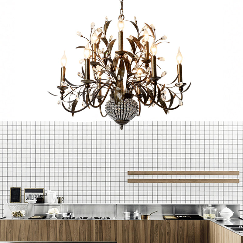 Black Spur Chandelier Lamp Modernism Crystal 9 Heads Pendant Lighting Fixture with Metal Leaf Clearhalo 'Ceiling Lights' 'Chandeliers' Lighting' options 233844