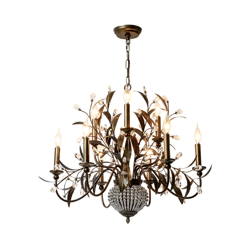 Black Spur Chandelier Lamp Modernism Crystal 9 Heads Pendant Lighting Fixture with Metal Leaf Clearhalo 'Ceiling Lights' 'Chandeliers' Lighting' options 233845