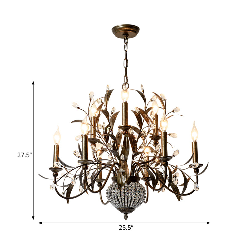 Black Spur Chandelier Lamp Modernism Crystal 9 Heads Pendant Lighting Fixture with Metal Leaf Clearhalo 'Ceiling Lights' 'Chandeliers' Lighting' options 233846