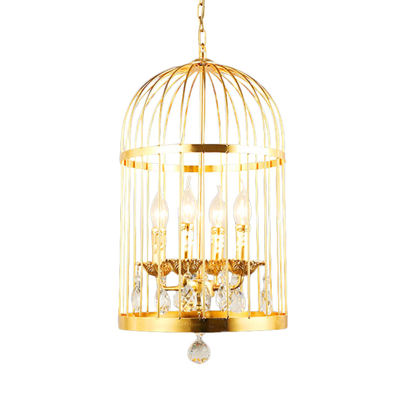 4 Bulbs Bird Cage Ceiling Chandelier Traditional Metal Suspended Lighting Fixture in Gold with Crystal Drop Clearhalo 'Ceiling Lights' 'Chandeliers' Lighting' options 233849