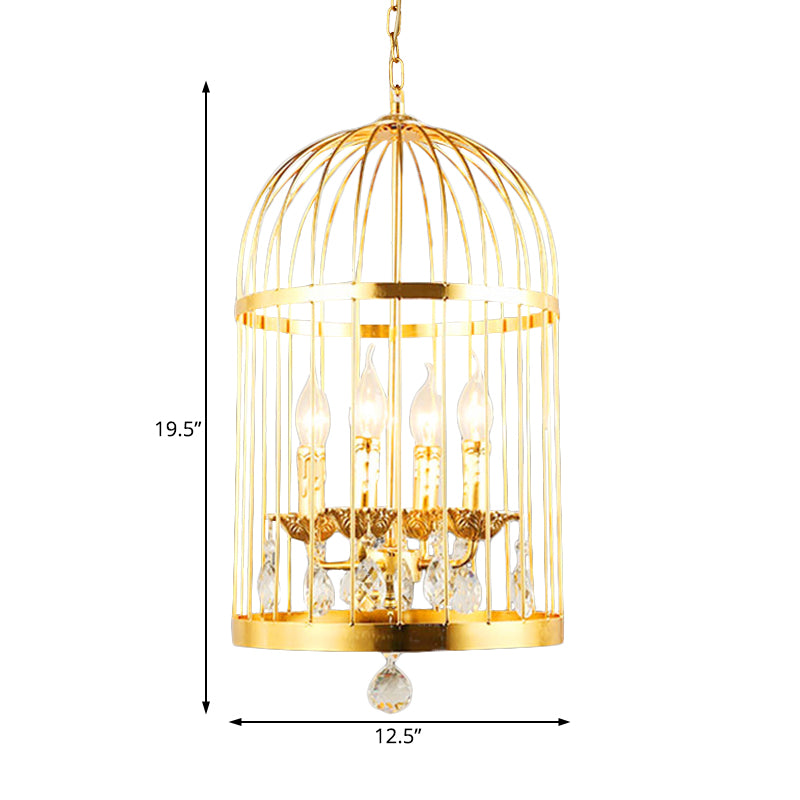 4 Bulbs Bird Cage Ceiling Chandelier Traditional Metal Suspended Lighting Fixture in Gold with Crystal Drop Clearhalo 'Ceiling Lights' 'Chandeliers' Lighting' options 233850