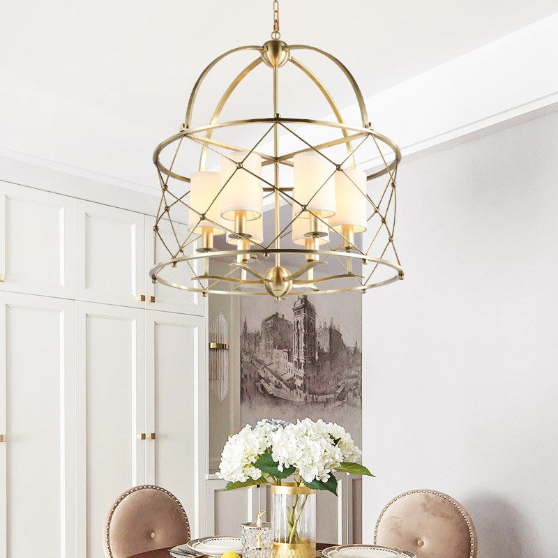 Brass Cylindrical Chandelier Lamp Nordic Metal 6 Heads Pendant Lighting Fixture with Fabric Shade Clearhalo 'Ceiling Lights' 'Chandeliers' Lighting' options 233855