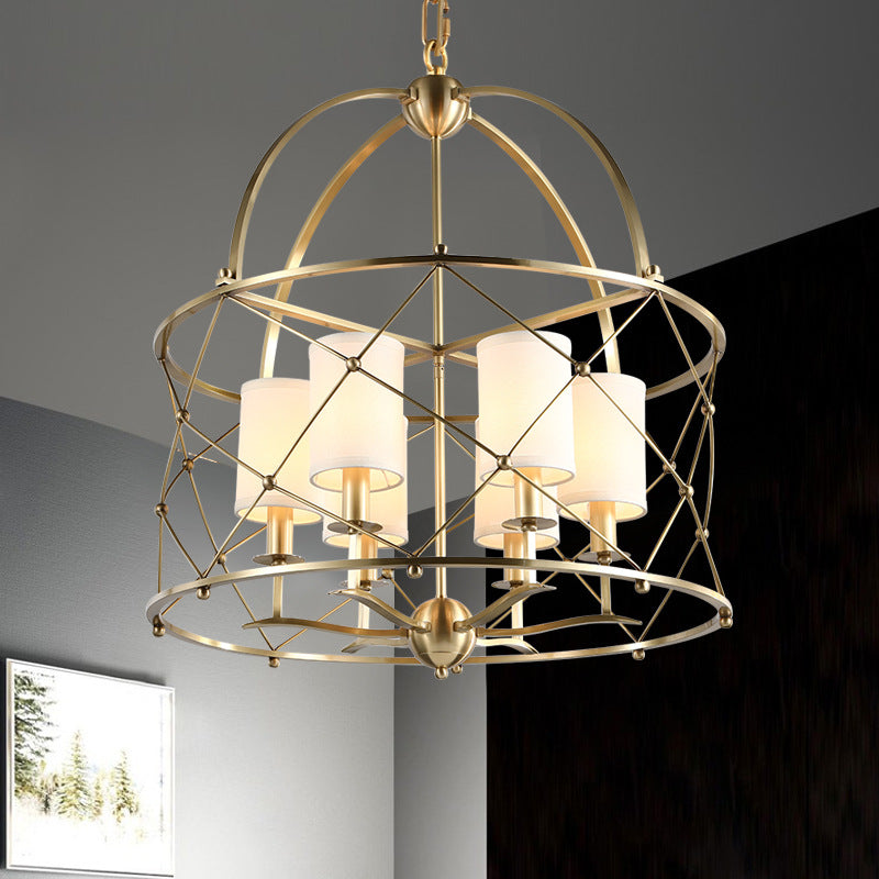 Brass Cylindrical Chandelier Lamp Nordic Metal 6 Heads Pendant Lighting Fixture with Fabric Shade Clearhalo 'Ceiling Lights' 'Chandeliers' Lighting' options 233856