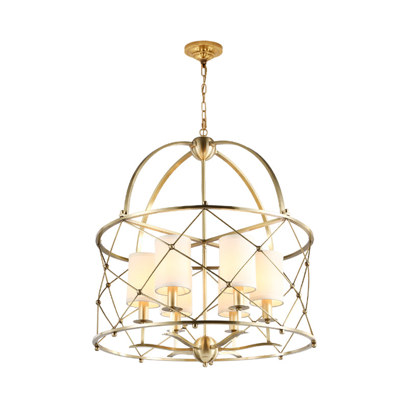 Brass Cylindrical Chandelier Lamp Nordic Metal 6 Heads Pendant Lighting Fixture with Fabric Shade Clearhalo 'Ceiling Lights' 'Chandeliers' Lighting' options 233857