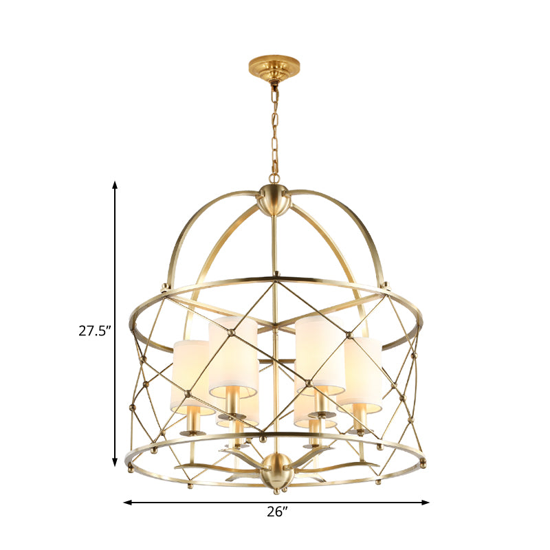 Brass Cylindrical Chandelier Lamp Nordic Metal 6 Heads Pendant Lighting Fixture with Fabric Shade Clearhalo 'Ceiling Lights' 'Chandeliers' Lighting' options 233858