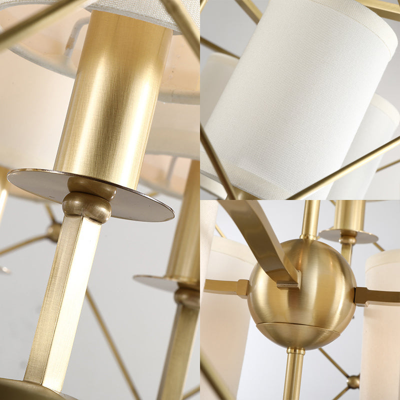 Brass Cylindrical Chandelier Lamp Nordic Metal 6 Heads Pendant Lighting Fixture with Fabric Shade Clearhalo 'Ceiling Lights' 'Chandeliers' Lighting' options 233859