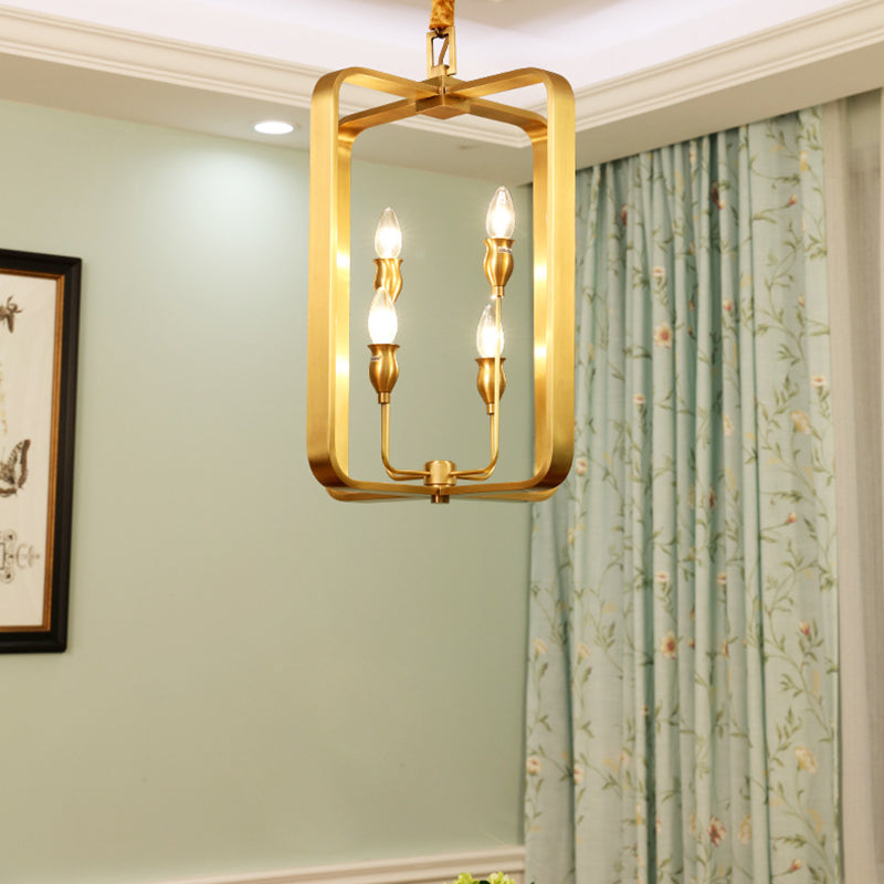 Colonial Round/Square Hanging Chandelier Metal 4 Bulbs Suspension Light in Gold for Dining Room Clearhalo 'Ceiling Lights' 'Chandeliers' Lighting' options 233884